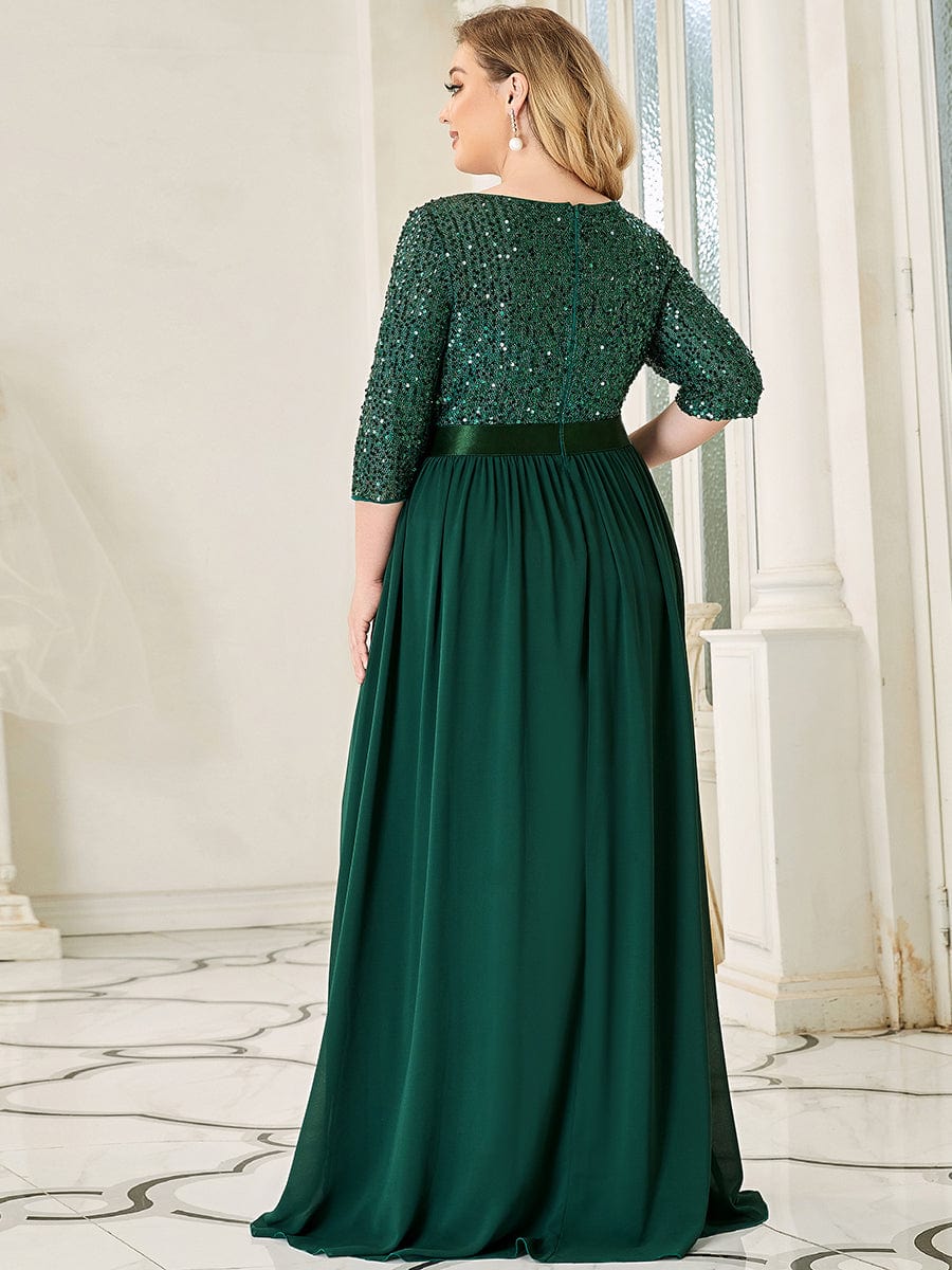 Custom Size Elegant Round Neckline 3/4 Sleeve Sequins Patchwork Evening Dress #color_Dark Green