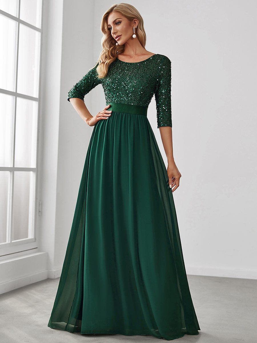 Custom Size Elegant Round Neckline 3 4 Sleeve Sequins Patchwork Evening Dress