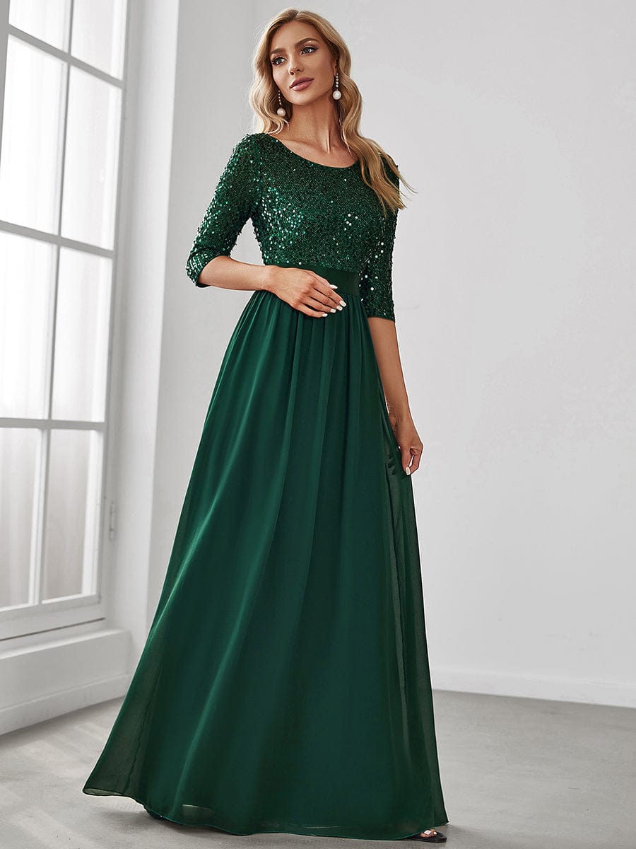 Custom Size Elegant Round Neckline 3/4 Sleeve Sequins Patchwork Evening Dress #color_Dark Green