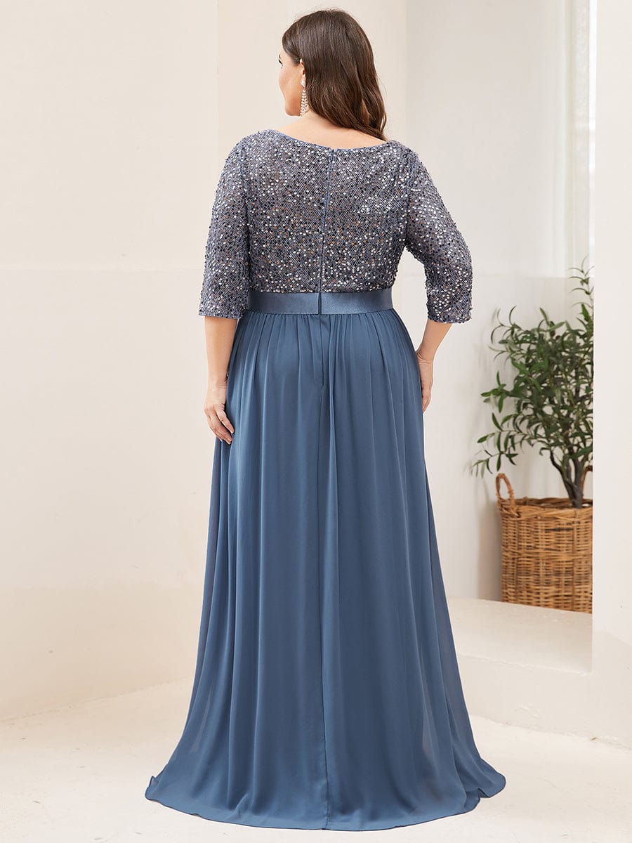 Custom Size Elegant Round Neckline 3/4 Sleeve Sequins Patchwork Evening Dress #color_Dusty Navy