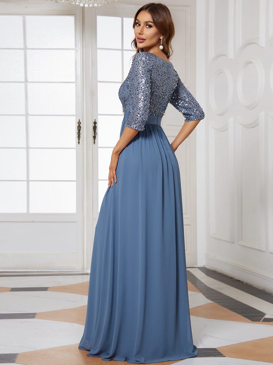 Custom Size Elegant Round Neckline 3/4 Sleeve Sequins Patchwork Evening Dress #color_Dusty Navy