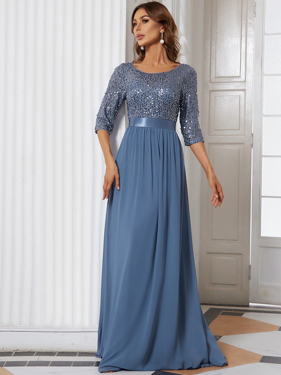 Custom Size Elegant Round Neckline 3/4 Sleeve Sequins Patchwork Evening Dress #color_Dusty Navy