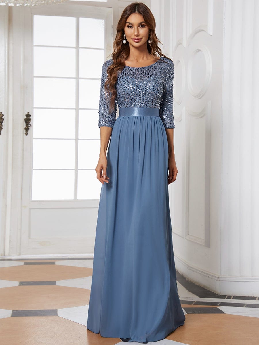 Custom Size Elegant Round Neckline 3/4 Sleeve Sequins Patchwork Evening Dress #color_Dusty Navy