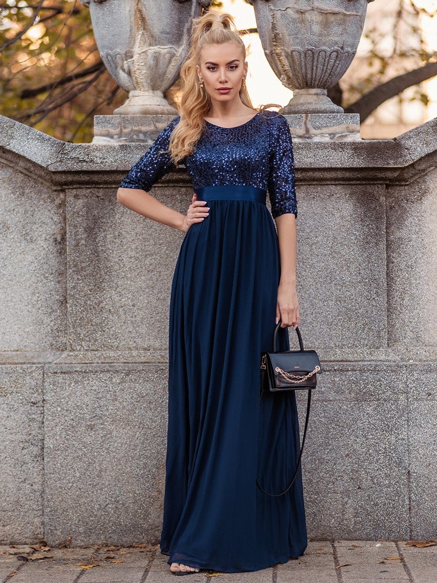 Custom Size Elegant Round Neckline 3/4 Sleeve Sequins Patchwork Evening Dress #color_Navy Blue