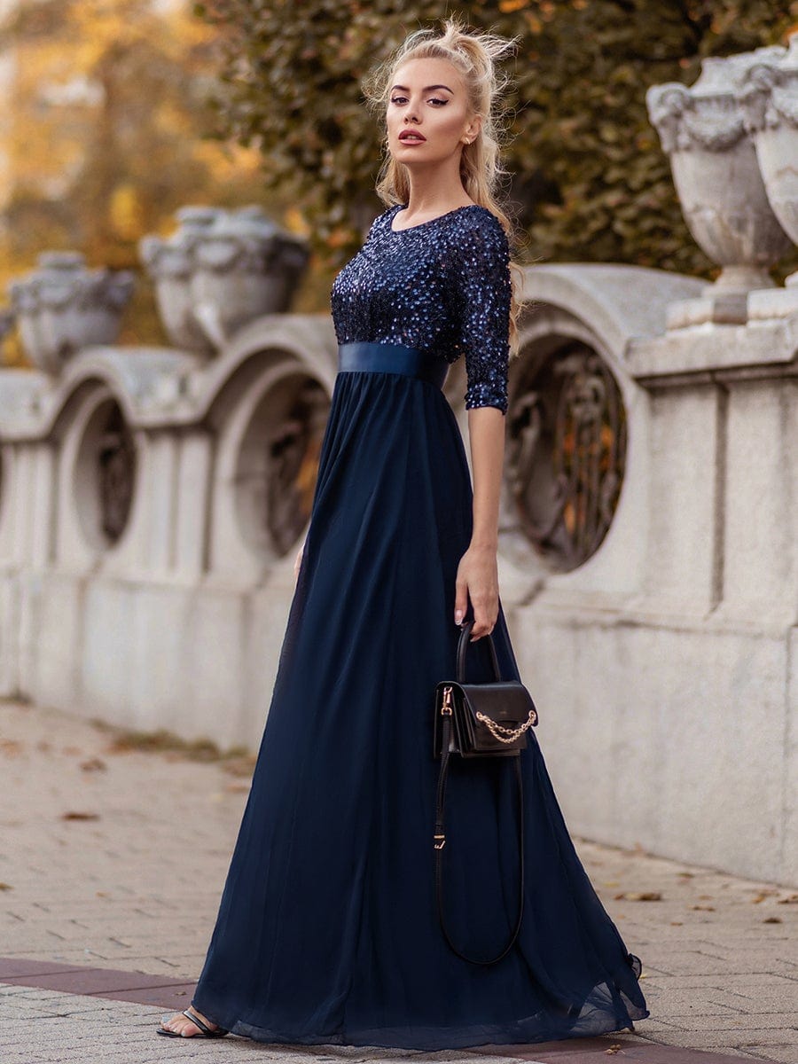 Custom Size Elegant Round Neckline 3/4 Sleeve Sequins Patchwork Evening Dress #color_Navy Blue
