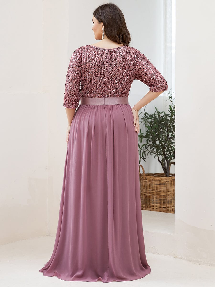 Custom Size Elegant Round Neckline 3/4 Sleeve Sequins Patchwork Evening Dress #color_Purple Orchid