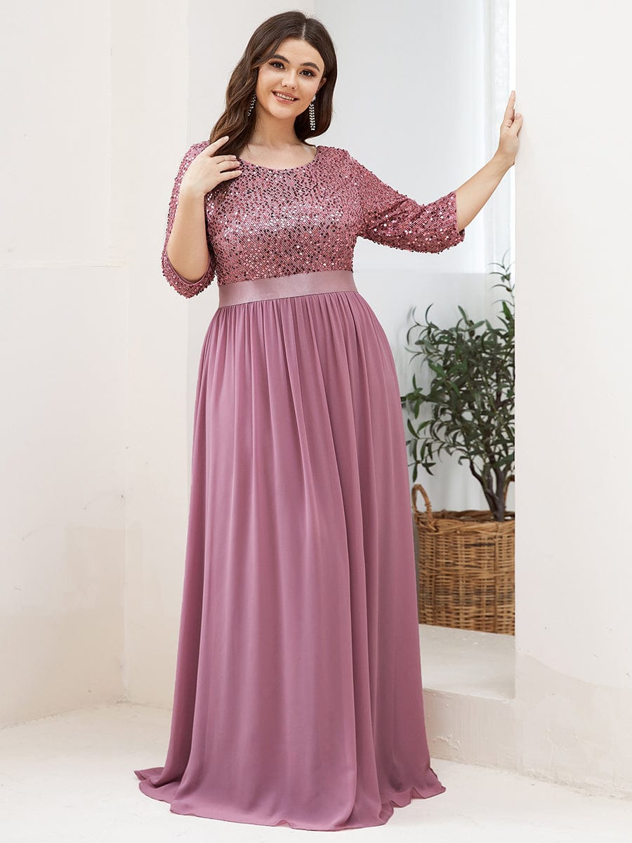 Custom Size Elegant Round Neckline 3/4 Sleeve Sequins Patchwork Evening Dress #color_Purple Orchid