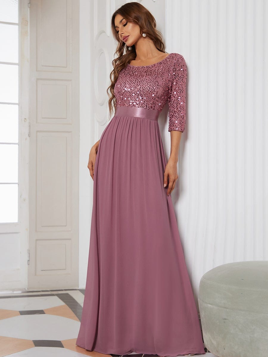 Custom Size Elegant Round Neckline 3/4 Sleeve Sequins Patchwork Evening Dress #color_Purple Orchid