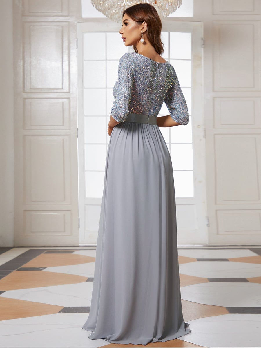 Custom Size Elegant Round Neckline 3/4 Sleeve Sequins Patchwork Evening Dress #color_Silver