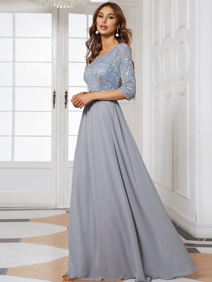 Custom Size Elegant Round Neckline 3/4 Sleeve Sequins Patchwork Evening Dress #color_Silver