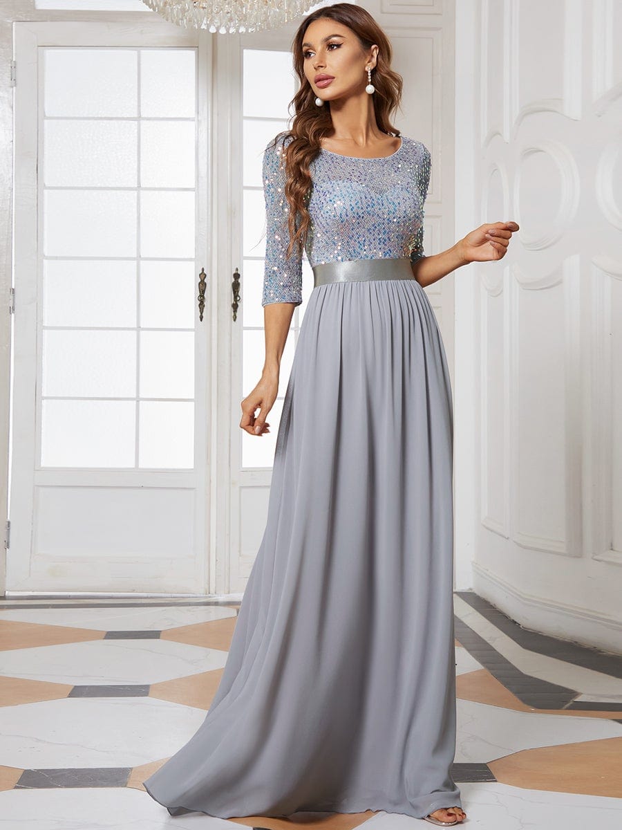 Custom Size Elegant Round Neckline 3/4 Sleeve Sequins Patchwork Evening Dress #color_Silver