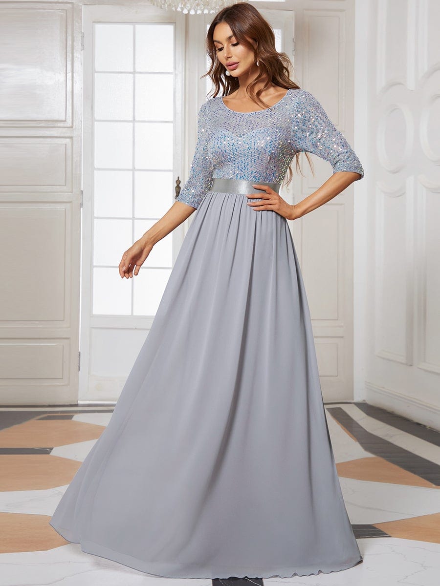 Custom Size Elegant Round Neckline 3/4 Sleeve Sequins Patchwork Evening Dress #color_Silver