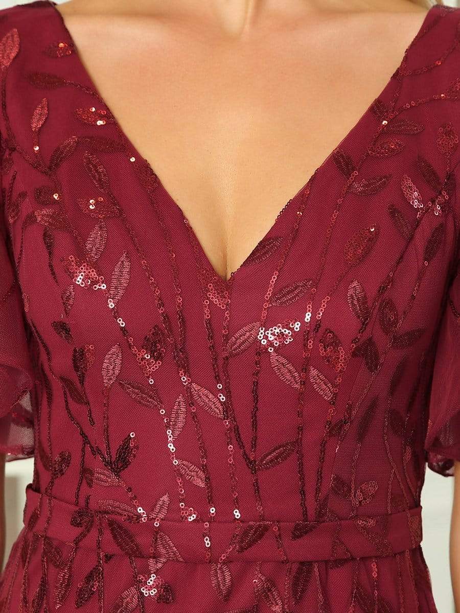 Custom Size Gorgeous V Neck Leaf-Sequined Fishtail Party Dress #color_Burgundy