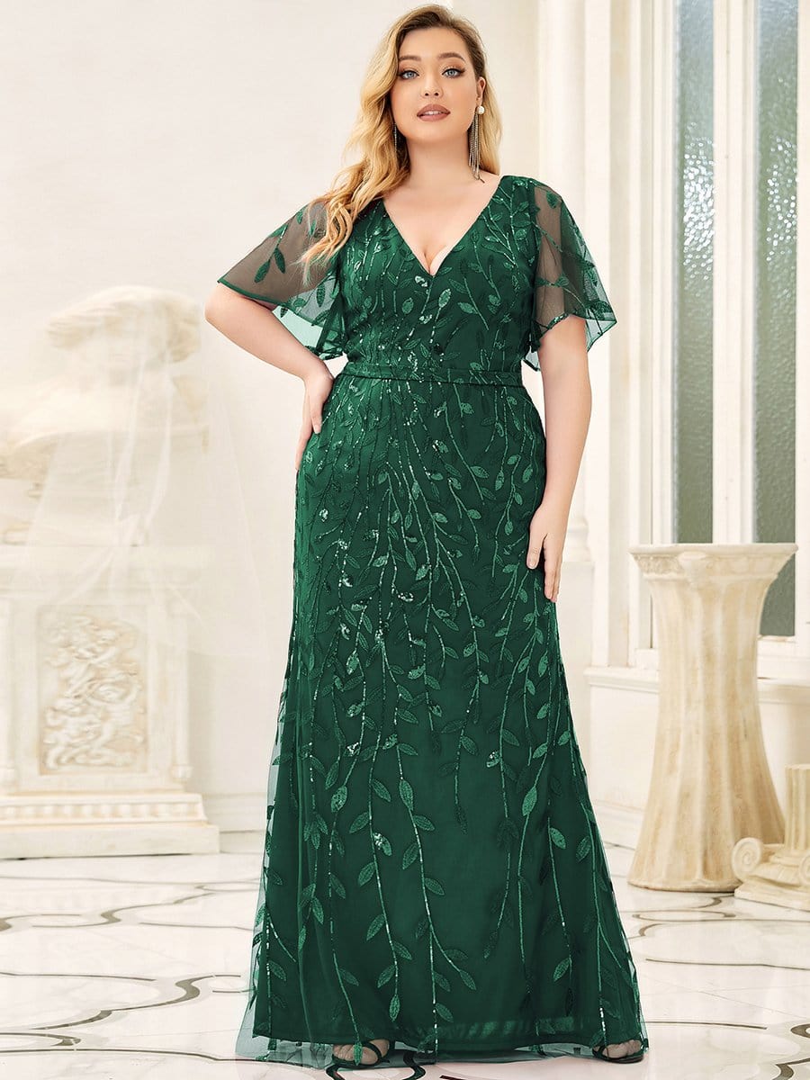 Custom Size Gorgeous V Neck Leaf-Sequined Fishtail Party Dress #color_Dark Green