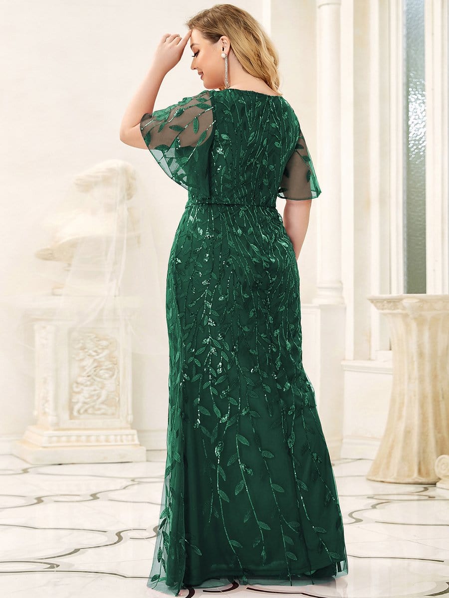 Custom Size Gorgeous V Neck Leaf-Sequined Fishtail Party Dress #color_Dark Green