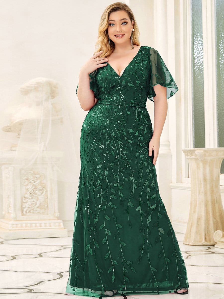 Custom Size Gorgeous V Neck Leaf-Sequined Fishtail Party Dress #color_Dark Green