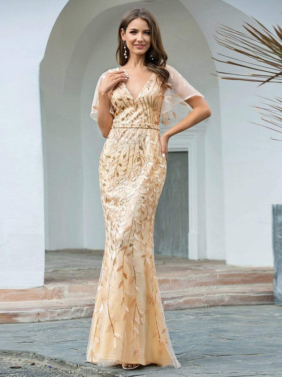 Custom Size Gorgeous V Neck Leaf-Sequined Fishtail Party Dress #color_Gold