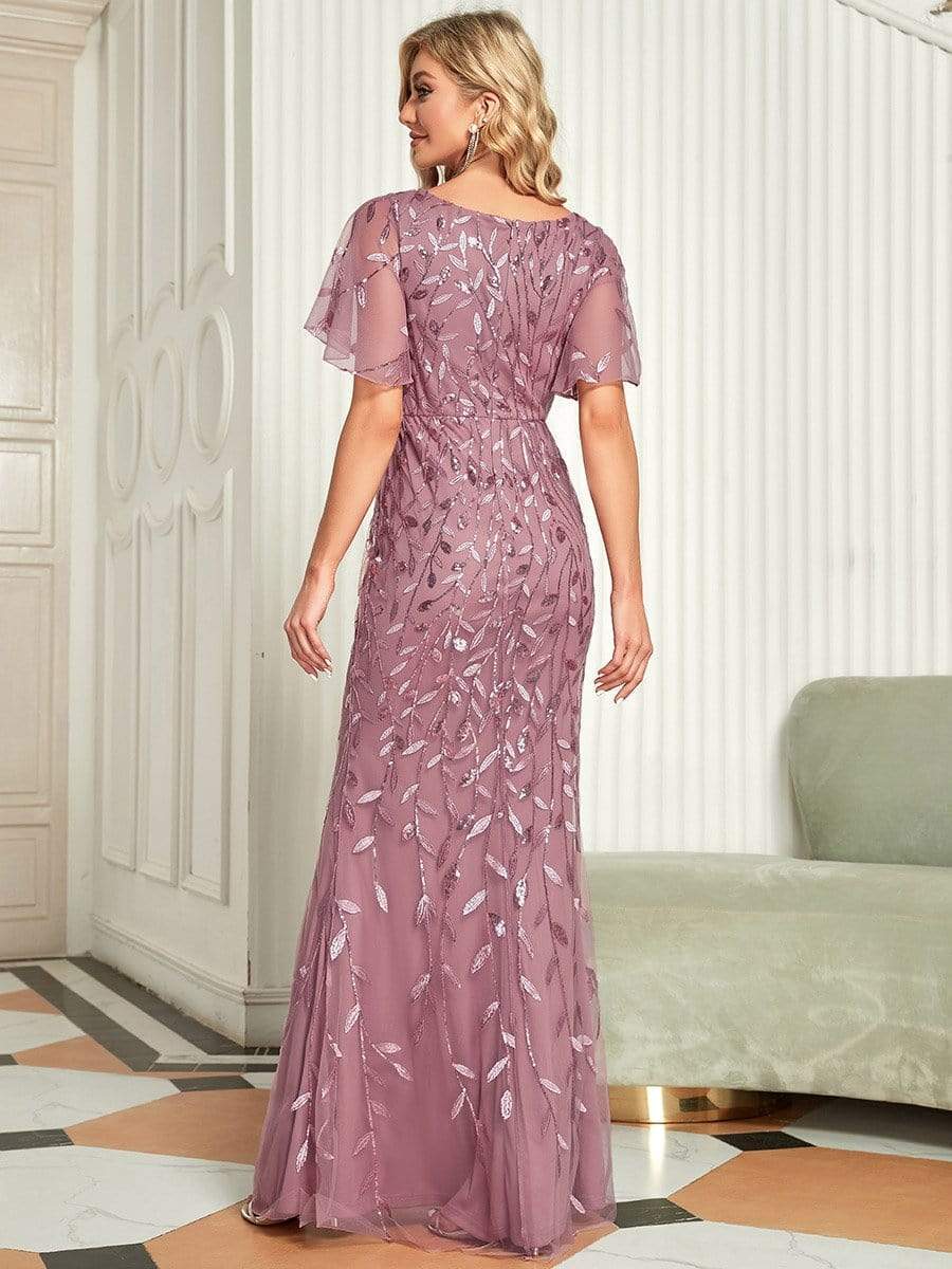 Custom Size Gorgeous V Neck Leaf-Sequined Fishtail Party Dress #color_Purple Orchid