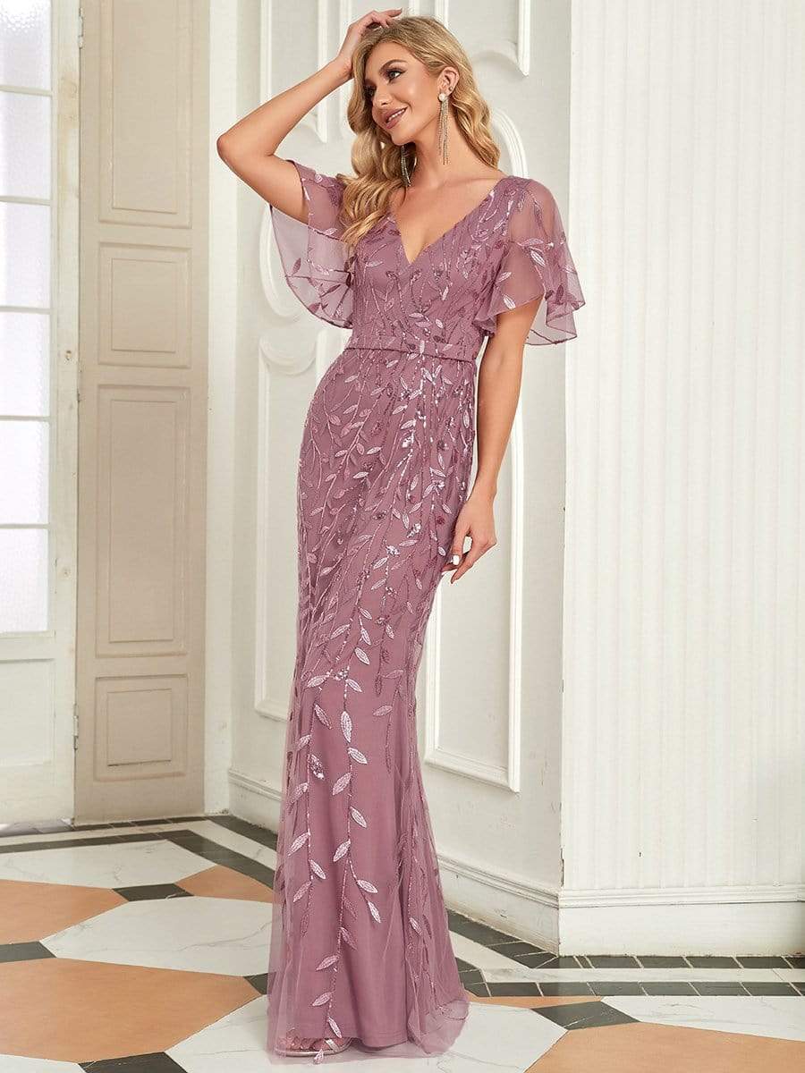 Custom Size Gorgeous V Neck Leaf-Sequined Fishtail Party Dress #color_Purple Orchid