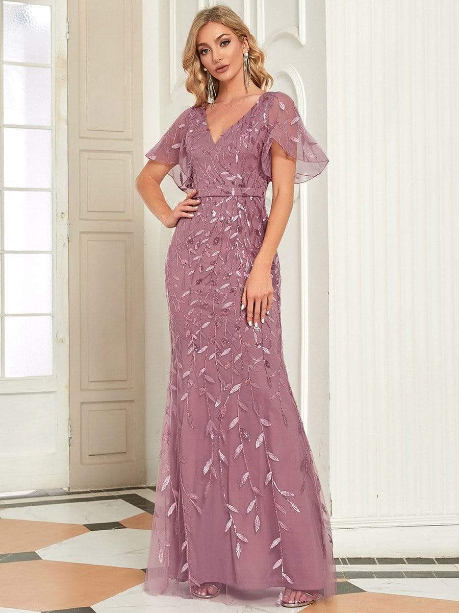 Custom Size Gorgeous V Neck Leaf-Sequined Fishtail Party Dress #color_Purple Orchid