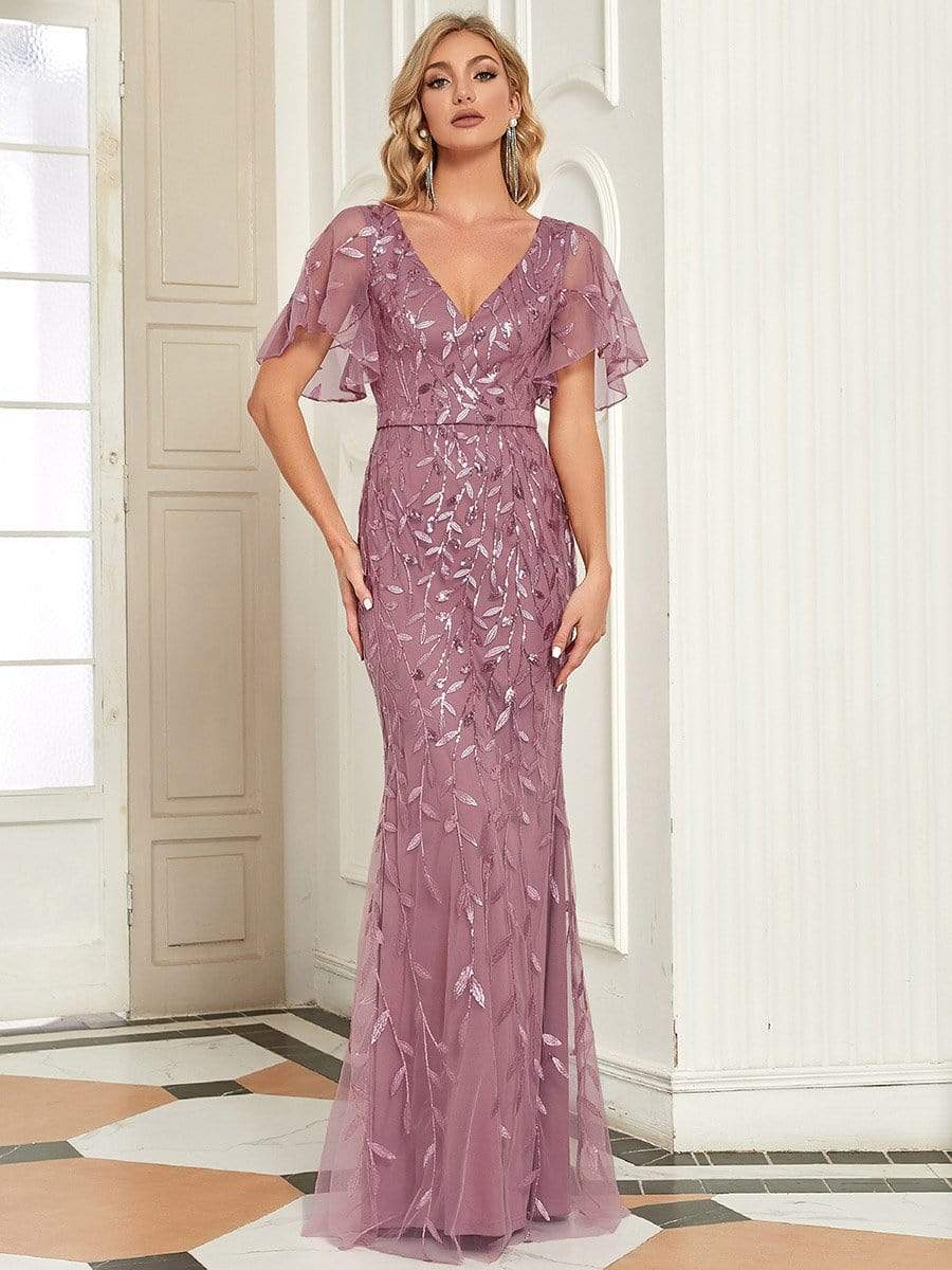 Custom Size Gorgeous V Neck Leaf-Sequined Fishtail Party Dress #color_Purple Orchid