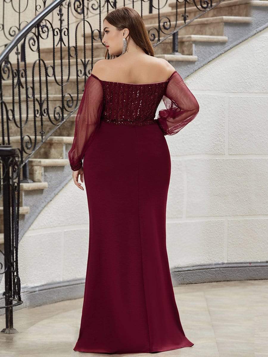 Fashion Off the Shoulder Sequin Evening Gowns With Tulle Sleeve #color_Burgundy