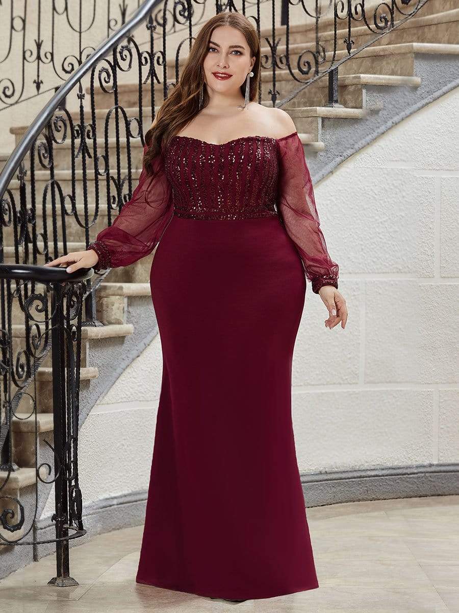Fashion Off the Shoulder Sequin Evening Gowns With Tulle Sleeve #color_Burgundy