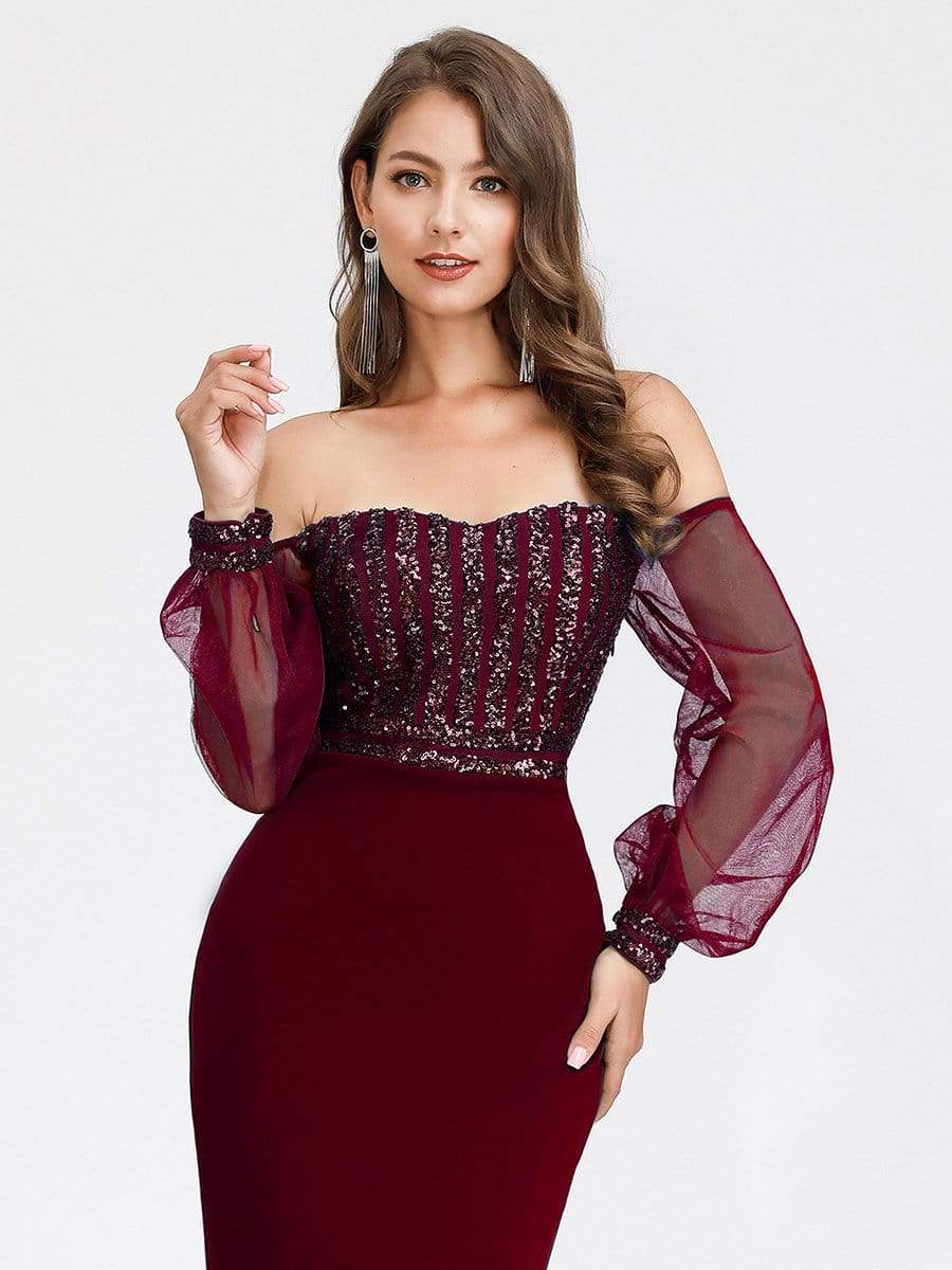 Fashion Off the Shoulder Sequin Evening Gowns With Tulle Sleeve #color_Burgundy