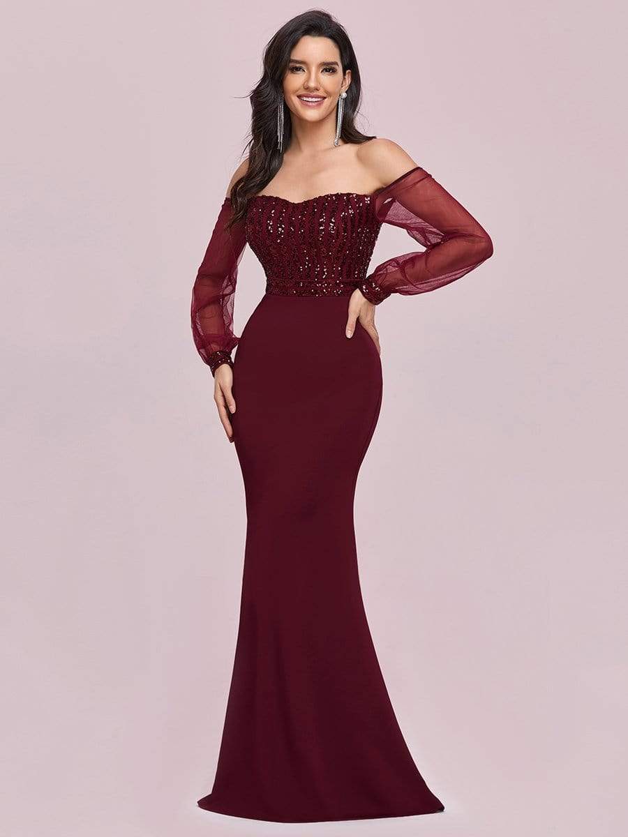 Fashion Off the Shoulder Sequin Evening Gowns With Tulle Sleeve #color_Burgundy