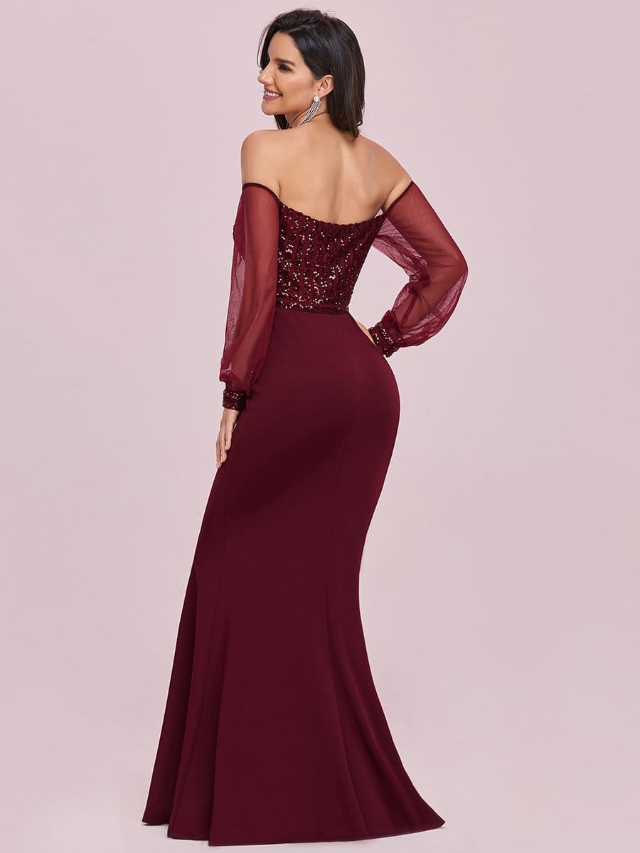 Fashion Off the Shoulder Sequin Evening Gowns With Tulle Sleeve #color_Burgundy