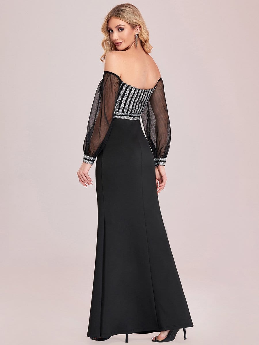 Fashion Off the Shoulder Sequin Evening Gowns With Tulle Sleeve #color_Black