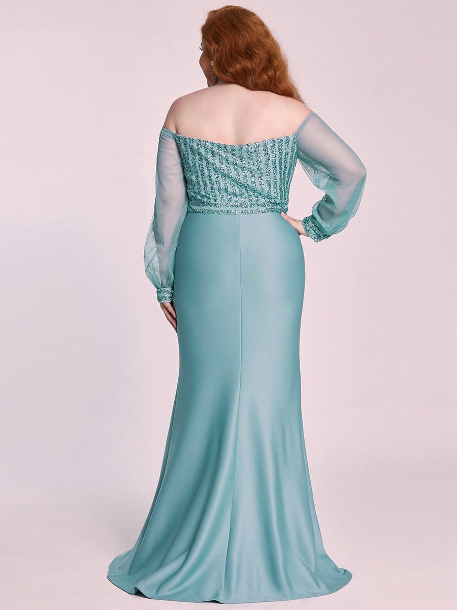 Fashion Off the Shoulder Sequin Evening Gowns With Tulle Sleeve #color_Dusty Blue