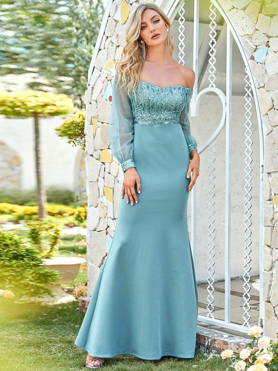 Fashion Off the Shoulder Sequin Evening Gowns With Tulle Sleeve #color_Dusty Blue