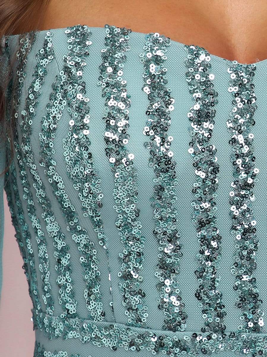 Fashion Off the Shoulder Sequin Evening Gowns With Tulle Sleeve #color_Dusty Blue