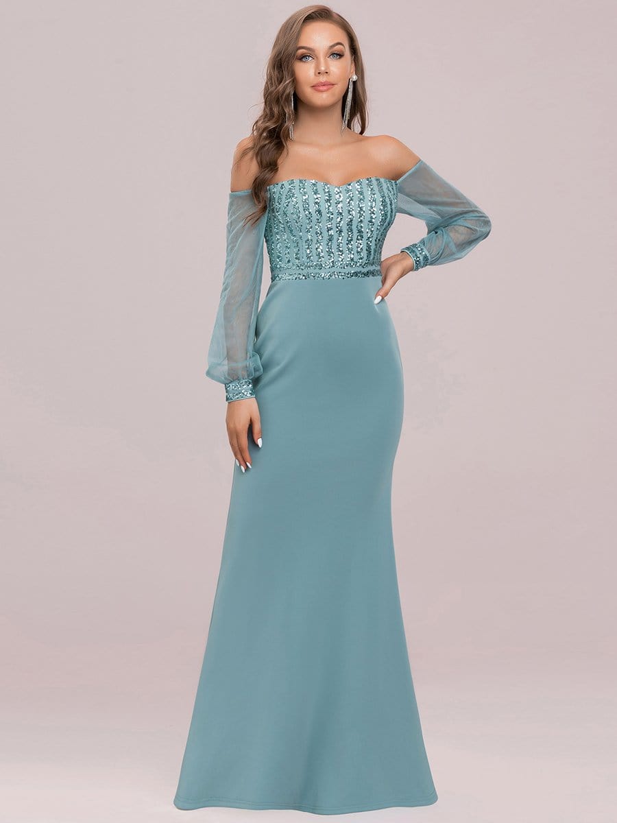 Fashion Off the Shoulder Sequin Evening Gowns With Tulle Sleeve #color_Dusty Blue