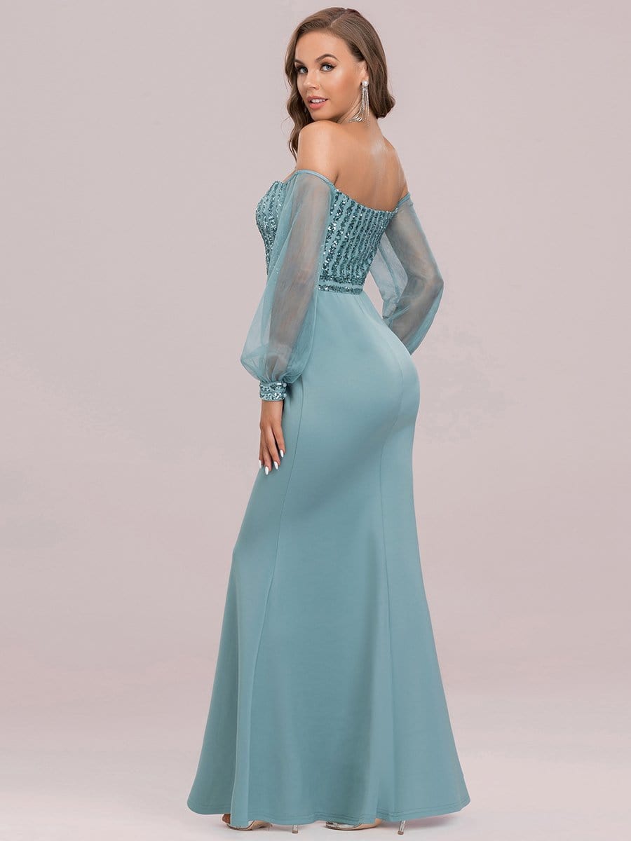 Fashion Off the Shoulder Sequin Evening Gowns With Tulle Sleeve #color_Dusty Blue