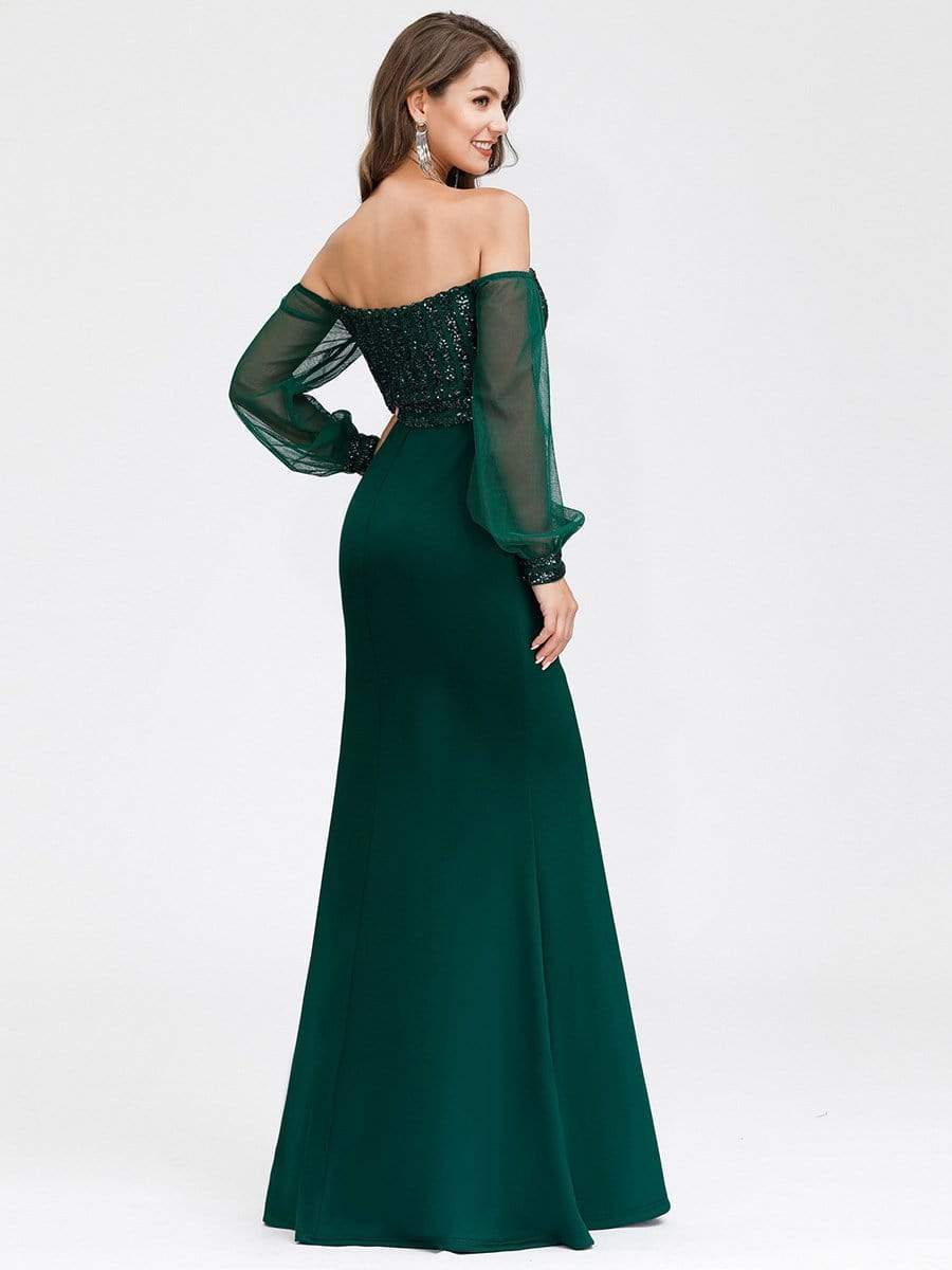 Fashion Off the Shoulder Sequin Evening Gowns With Tulle Sleeve #color_Dark Green