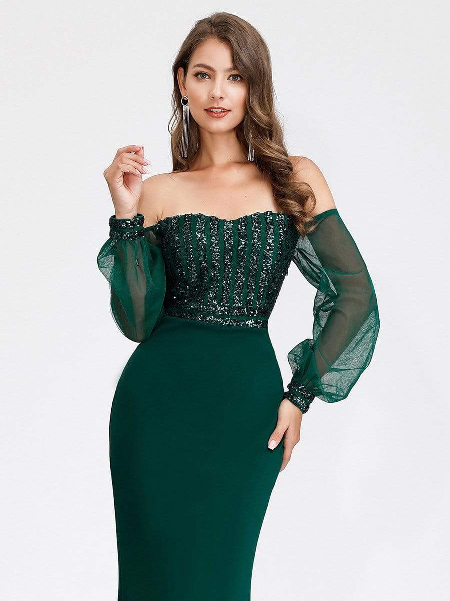 Fashion Off the Shoulder Sequin Evening Gowns With Tulle Sleeve #color_Dark Green