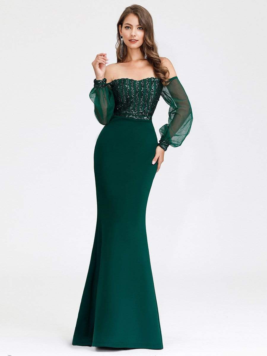 Fashion Off the Shoulder Sequin Evening Gowns With Tulle Sleeve #color_Dark Green