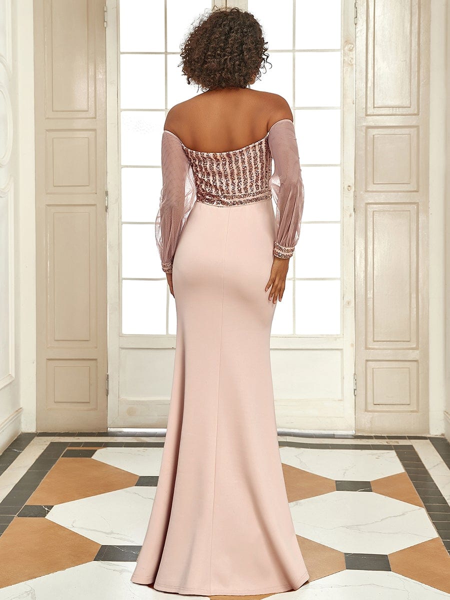 Fashion Off the Shoulder Sequin Evening Gowns With Tulle Sleeve #color_Rose Gold