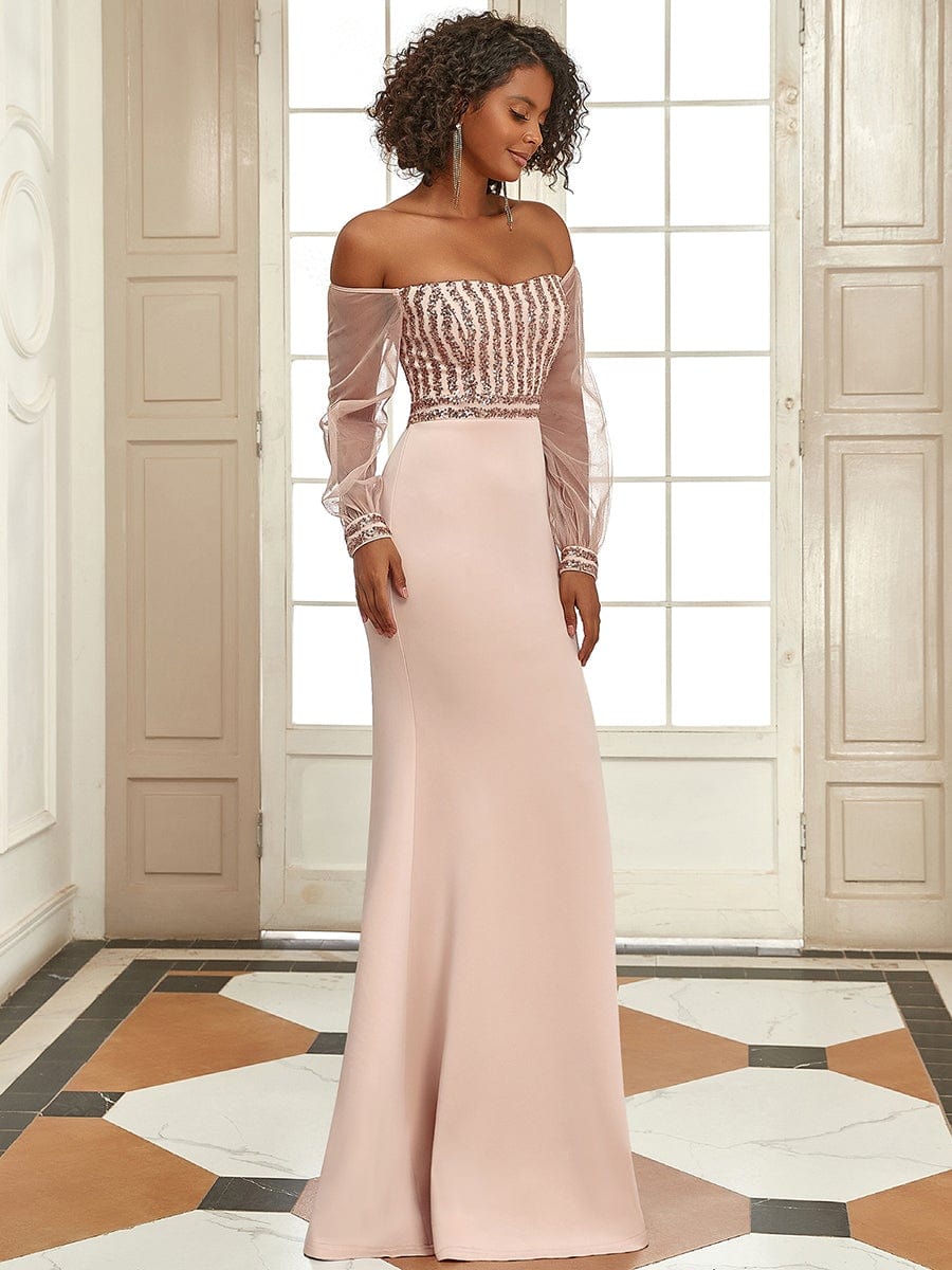 Fashion Off the Shoulder Sequin Evening Gowns With Tulle Sleeve #color_Rose Gold