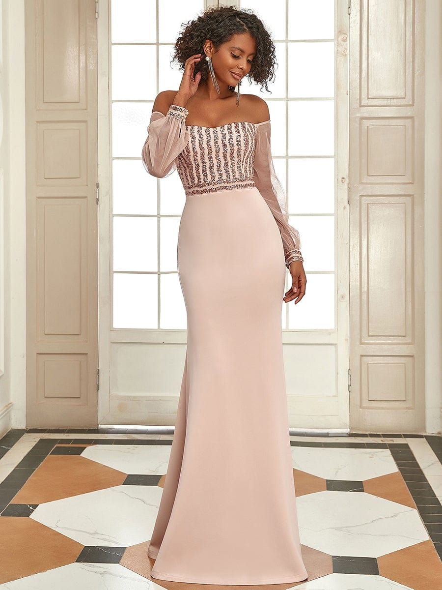 Fashion Off the Shoulder Sequin Evening Gowns With Tulle Sleeve #color_Rose Gold