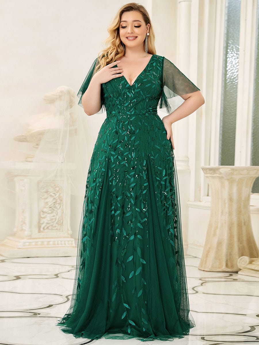 Custom Size Romantic Shimmery V Neck Ruffle Sleeves Maxi Long Evening Gowns #color_Dark Green