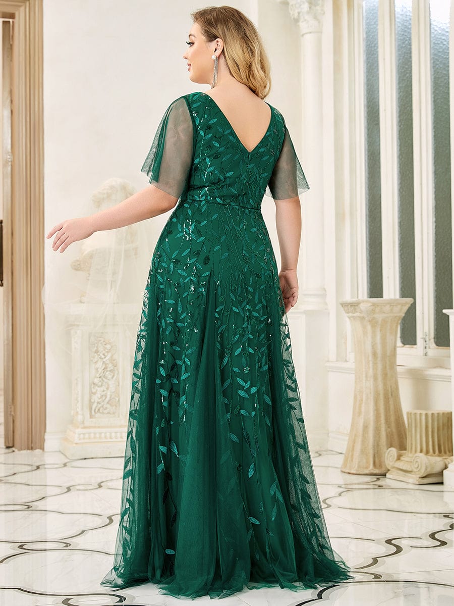 Custom Size Romantic Shimmery V Neck Ruffle Sleeves Maxi Long Evening Gowns #color_Dark Green