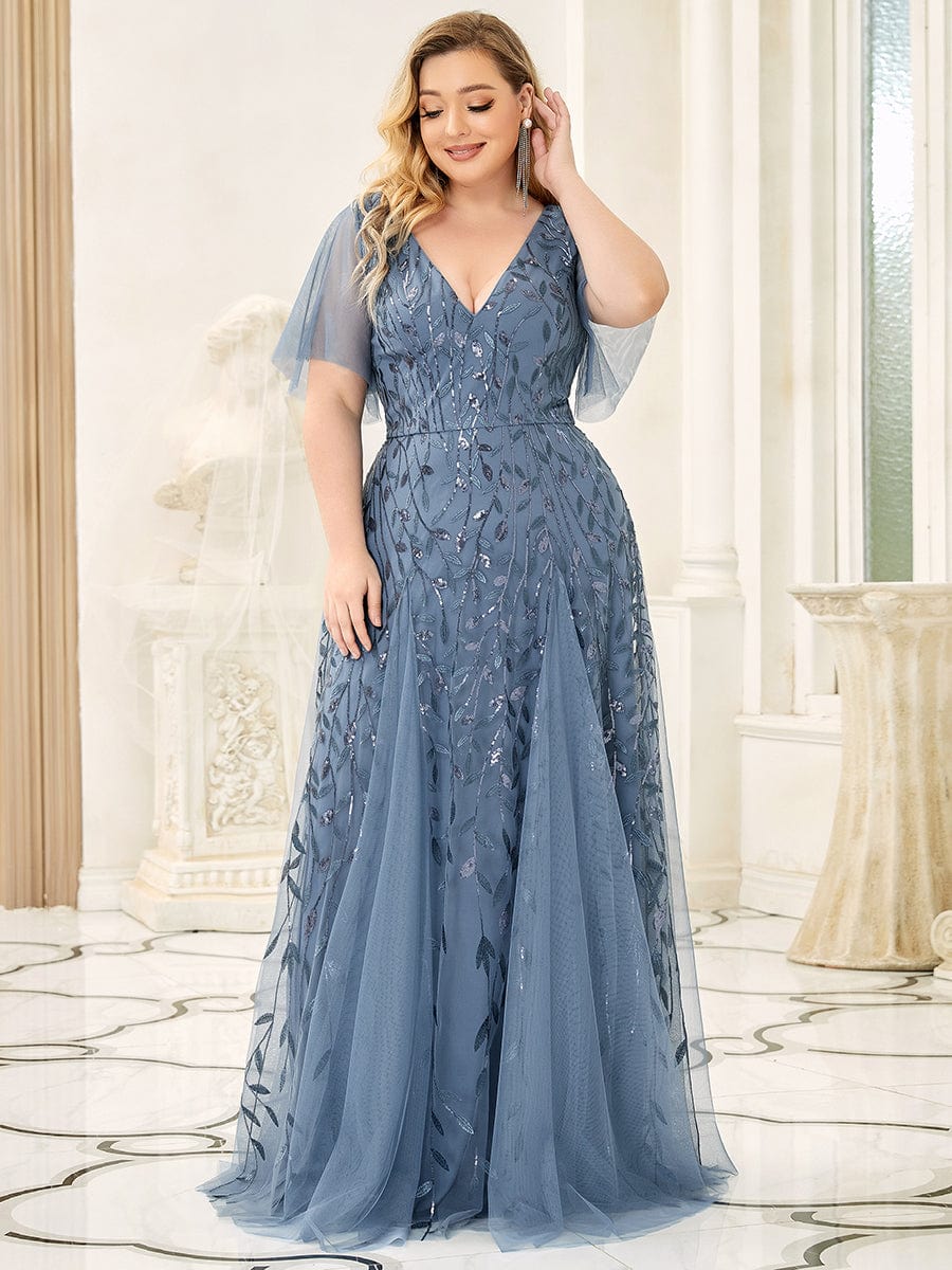 Custom Size Romantic Shimmery V Neck Ruffle Sleeves Maxi Long Evening Gowns #color_Dusty Navy