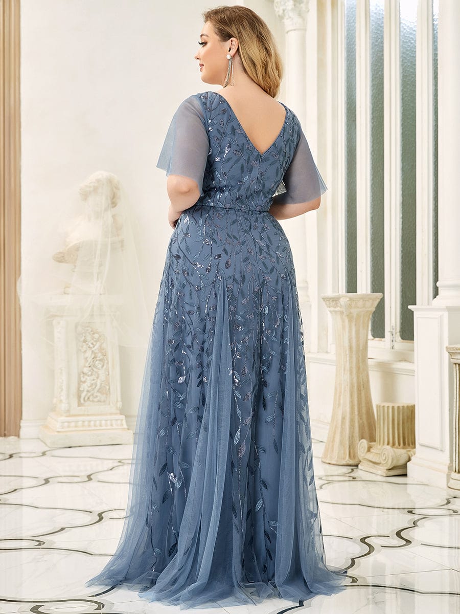 Custom Size Romantic Shimmery V Neck Ruffle Sleeves Maxi Long Evening Gowns #color_Dusty Navy