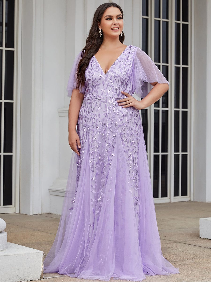 Custom Size Romantic Shimmery V Neck Ruffle Sleeves Maxi Long Evening Gowns #color_Lavender