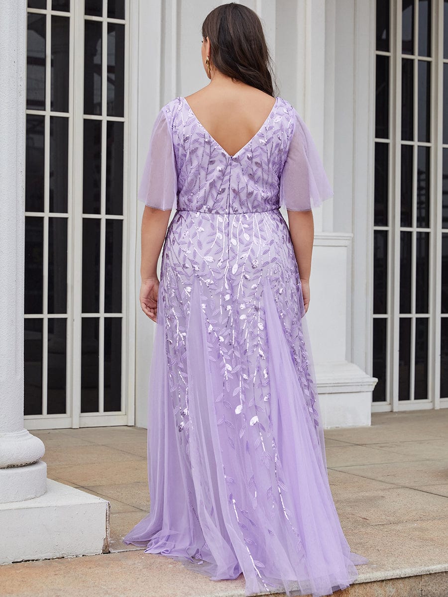 Custom Size Romantic Shimmery V Neck Ruffle Sleeves Maxi Long Evening Gowns #color_Lavender