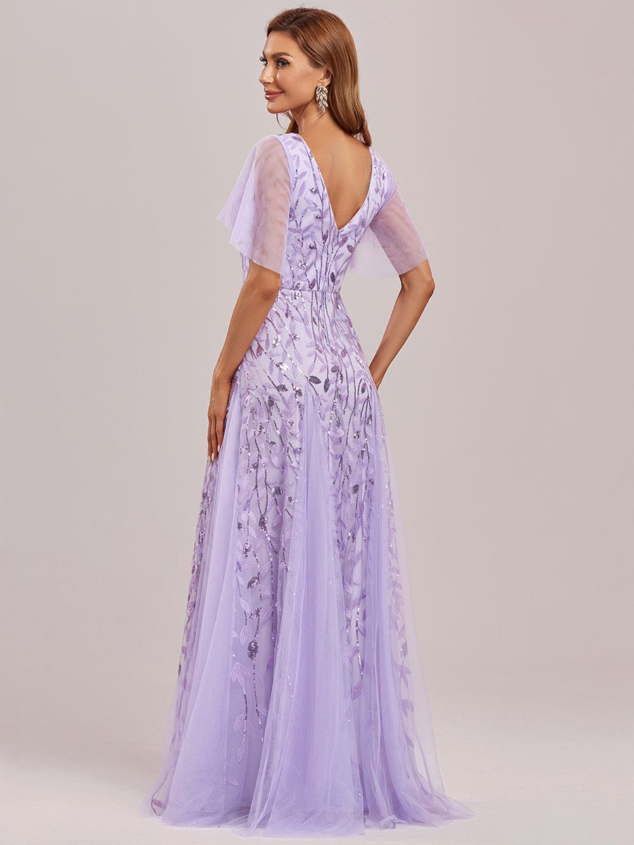 Custom Size Romantic Shimmery V Neck Ruffle Sleeves Maxi Long Evening Gowns #color_Lavender