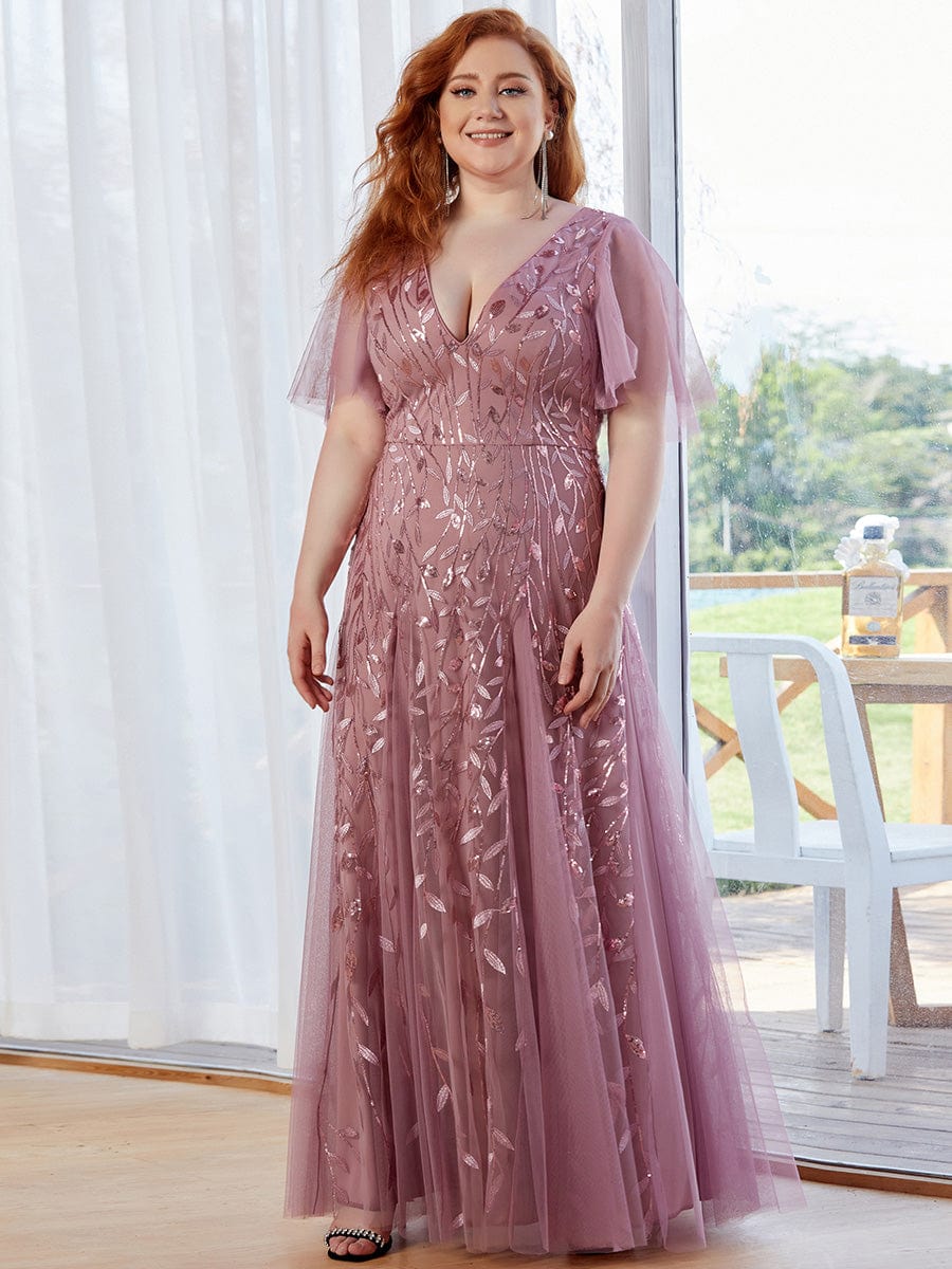 Custom Size Romantic Shimmery V Neck Ruffle Sleeves Maxi Long Evening Gowns #color_Purple Orchid